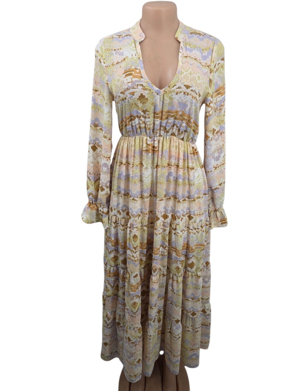 Shyanne Maxi Dress Aztec Tiered LS V-Neck Boho Western Women XS EUC
